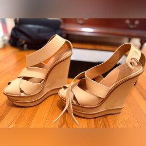 L.A.M.B. Angela Nude Sandal Heel LAMB Pump Platform Leather Wedge Peep